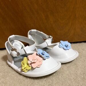 Janie and Jack White T-Strap Sandals with Pastel Floral Details, Twin Girl
